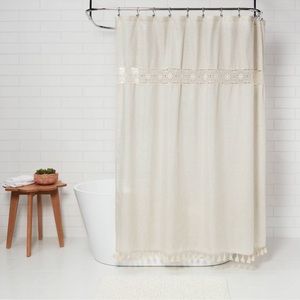 Opalhause Solid Crochet with Tassels Shower Curtain Tan NWT